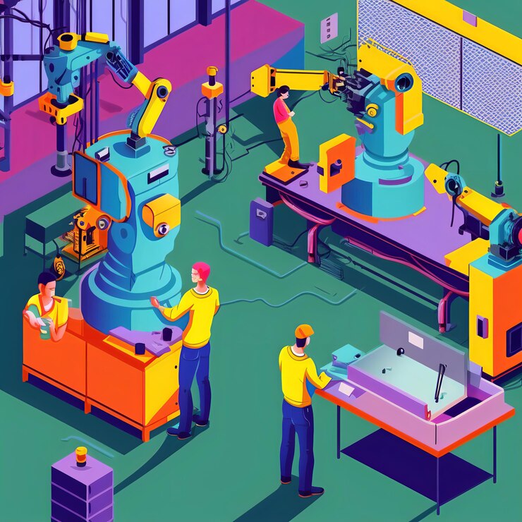 Foto ingenieros que trabajan con máquinas avanzadas en una industria 40