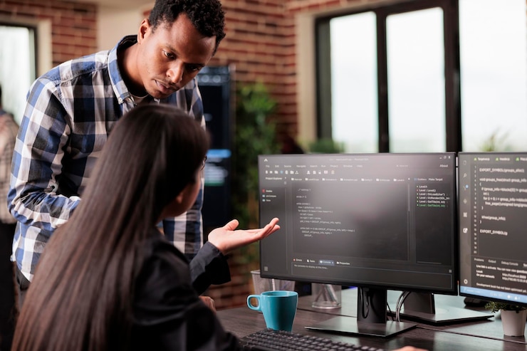 Foto ingenieros de sistemas que utilizan código binario para programar el sistema de seguridad, trabajando en una agencia de desarrollo. desarrollador de software asiático escribiendo en el teclado para crear un script de inteligencia artificial.