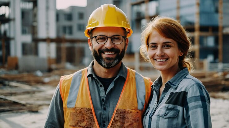 Ingenieros en el sitio de construcción mirando a la cámara y sonriendo