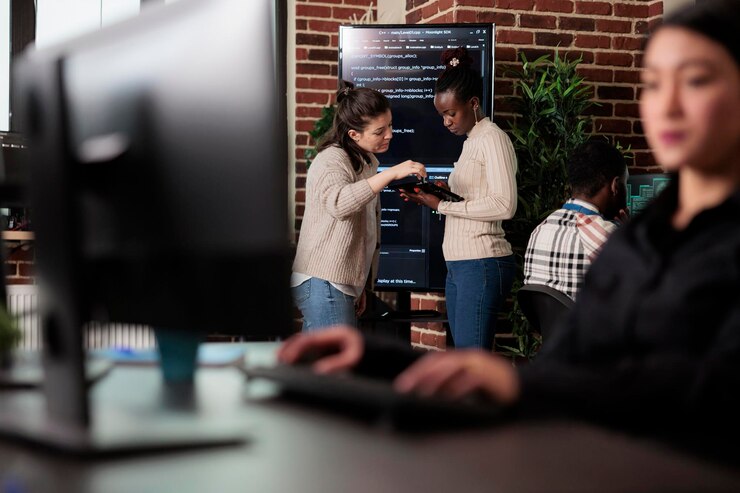 Foto ingenieros de software que intentan resolver el problema del espacio de almacenamiento mediante el uso de inteligencia artificial avanzada. equipo de desarrolladores multirracial hablando sobre el creciente número de infracciones de seguridad del sistema.
