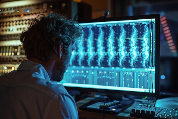 Ingenieros de sonido Visualización En un estudio de grabación un ingeniero de sonido estudia un monitor que muestra w