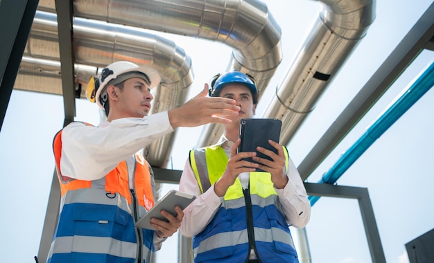 Ingenieros y técnicos Inspeccionan los sistemas de aire acondicionado y agua terminados