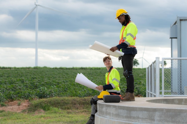 Ingenieros y técnicos trabajan juntos en la base de la torre de una gran turbina eólica con un campo de turbinas eólicas al fondo El concepto de energía natural del viento