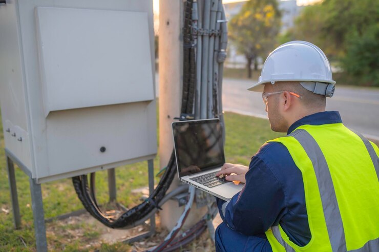 Ingenieros de telecomunicaciones trabajan en torres de telefonía móvil para señales de telefonía móvil 5GTécnicos de mantenimiento de torres de redes