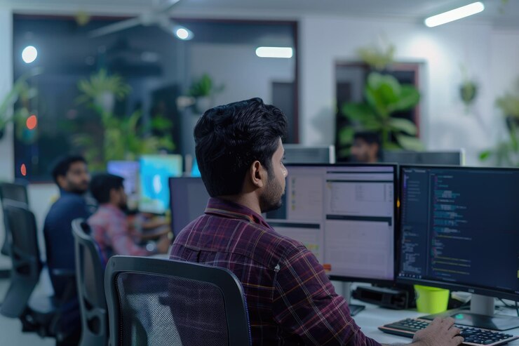 Foto los ingenieros de ti indios colaboran en el desarrollo de software en la oficina moderna