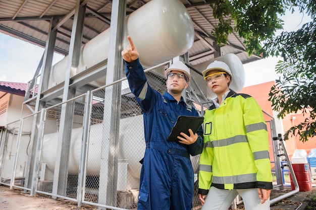 Los ingenieros trabajan en el lugar para mantener el control del programa de mantenimiento preventivo de helio líquido. Gente tailandesa Los técnicos e ingenieros discuten el trabajo juntos