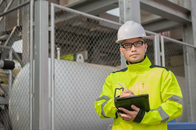 Foto los ingenieros trabajan en el lugar para mantener el programa de mantenimiento preventivo de helio líquido comprobando la gente de tailandia