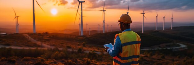 Ingenieros trabajando en un campo con molino eólico una fuente de energía renovable con espacio IA generativa