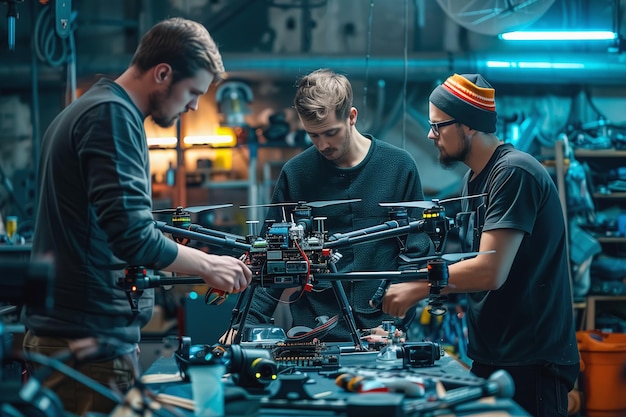 Ingenieros trabajando en el ensamblaje de drones en un taller