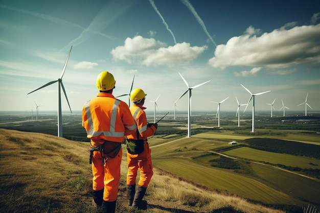 Ingenieros trabajando en un parque eólico Producción futura de energías renovables sostenibles y cambio climático IA generativa