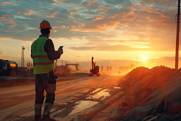 Ingenieros usando comunicación por radio en el sitio de construcción de carreteras