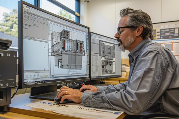 Foto ingenieur arbeitet an einem computer mit zwei displays und zeichnet und entwirft in cad-programm