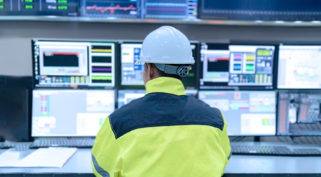 Ingenieur arbeitet im Kontrollraum, Leiter des Steuerungssystems, Techniker, Überwachungsprogramm von vielen Monitoren.