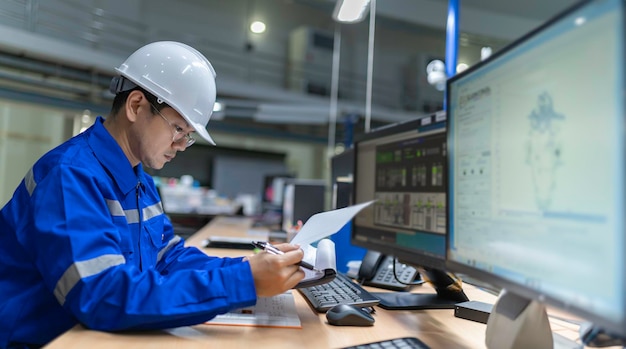 Foto ingenieur arbeitet im kontrollraum, leiter des steuerungssystems, techniker, überwachungsprogramm von vielen monitoren.