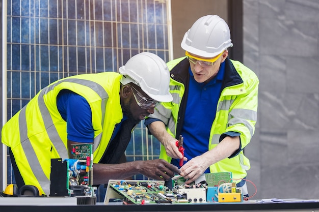 Ingenieur bei der Reparatur von Schalttafeln mit Sonnenkollektoren Hintergrund, Konzept Teamwork oder Schulung von erneuerbaren.