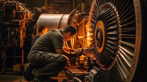 Ingenieur, der an einem Düsenmotor in einer Fabrik arbeitet