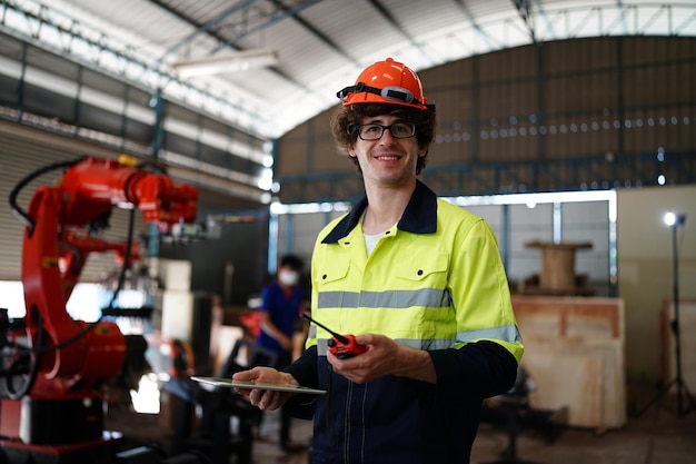 Ingenieur, der das Bedienfeld überprüft und den neuen automatischen Roboterarm und die Betriebssteuerungsmaschine in der Fabrik einlernt