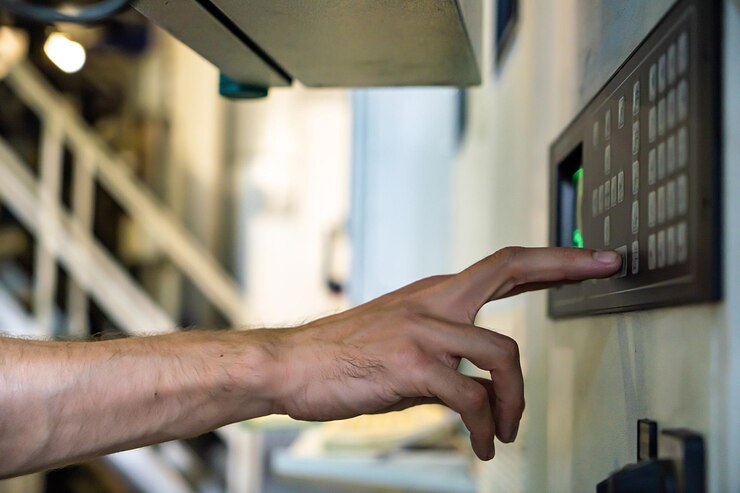 Foto ingenieur, der die cnc-maschine mit der hand und dem finger steuert, arbeiter, die fabrikmaschinen im lager betreiben