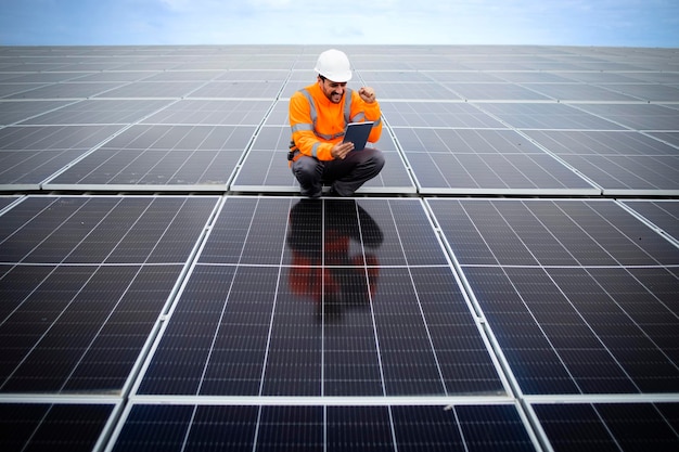 Ingenieur, der ein digitales Tablet hält und in einem Kraftwerk mit Sonnenkollektoren arbeitet, das Photovoltaikzellen überprüft