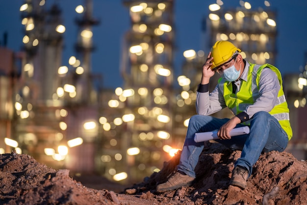 Ingenieur der raffinerieindustrie, der ab 2019 eine co-coronavirus-schutzkrankheit trägt, oder covid-19-maske, die traurig ist, weil sie arbeitslos ist