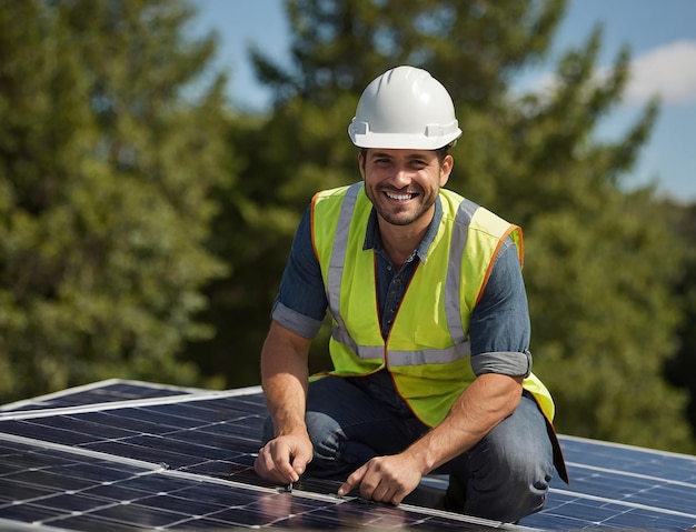 Ingenieur, der Sonnenkollektoren platziert