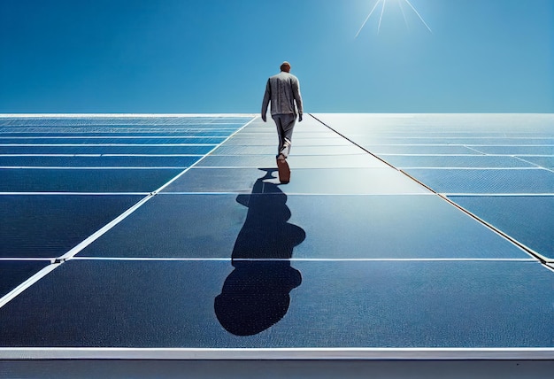 Ingenieur für erneuerbare Energien geht durch ein großes Solarkraftwerk. Generative KI