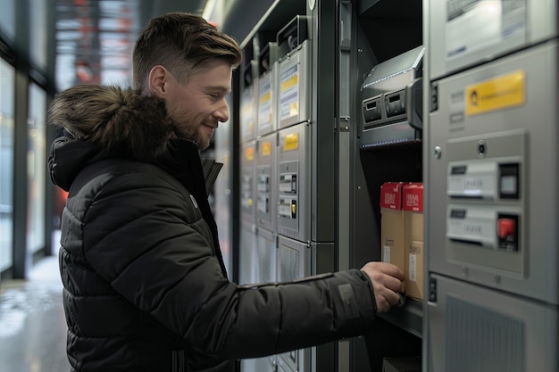 Foto ingenieur holt ein paket aus dem schrank im gebäude