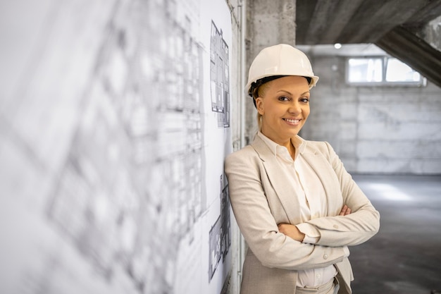 Ingenieur im Business-Anzug und Schutzhelm steht neben dem Projektplan auf der Baustelle