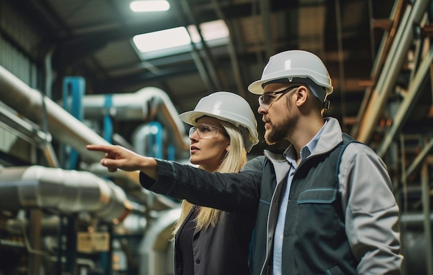 Foto ingenieur in einem harten hut, der auf etwas zeigt