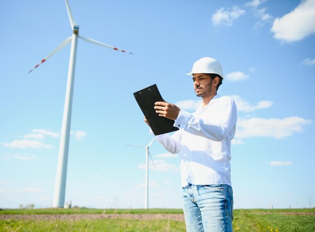 Ingenieur Indischer Mann arbeitet auf einer Windmühlenfarm und erzeugt Strom, saubere Energie. Windturbinenparkgenerator mit alternativer grüner Energie. Asiatischer Ingenieur überprüft die Steuerung der elektrischen Energie