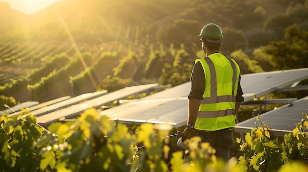 Ingenieur inspiziert Sonnenkollektoren in der Goldenen Stunde Nachhaltige Energiefachmann bei der Arbeit Arbeiter der grünen Energieindustrie auf dem Feld Konzept für saubere Energie und umweltfreundliche Lösungen KI
