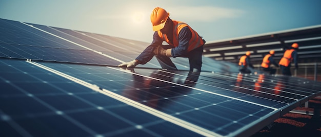 Ingenieur installiert Sonnenkollektoren auf Dächern von Wohnhäusern und Gewerbegebäuden. Konzept für erneuerbare Energien und nachhaltige Ressourcen, generative KI