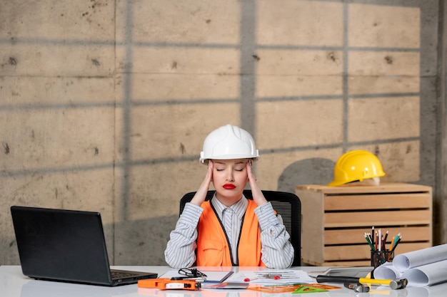 Foto ingenieur intelligente junge süße blonde mädchen zivilarbeiter in helm und weste müde