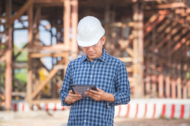 Foto ingenieur mit digitalem tablet auf der baustelle vorarbeiter auf der infrastrukturbaustelle