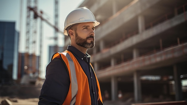 Ingenieur mit Helm auf dem Hintergrund des Gebäudes