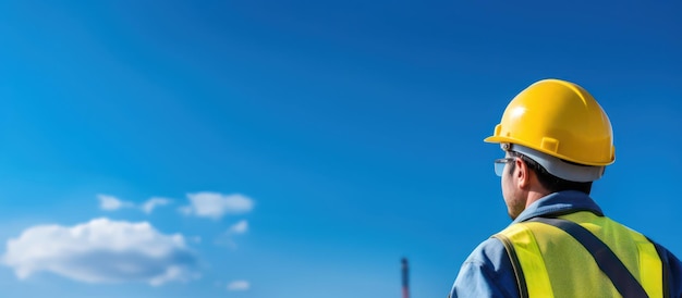 Ingenieur mit Helm und Sicherheitstuch steht vor blauem Himmel