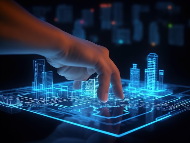 Ingenieur mit Hologramm virtuellen Gebäuden
