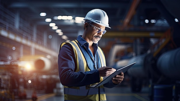 Ingenieur mit Schutzhelm und Weste untersucht Flugzeuge mit Tablet in der Hand