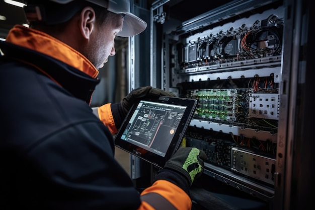 Foto ingenieur mit tablet für reparatur, wartung und technische inspektion industrie