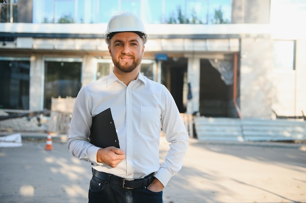 Ingenieur neben Baukränen. Konzept - großes Bauprojekt. Architekt leitet den Bauprozess. Zeichnungen und Tablet in den Händen.