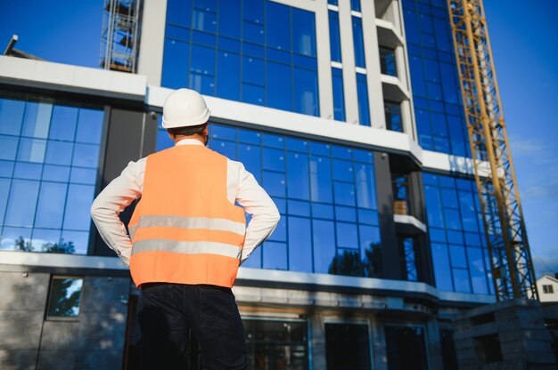 Ingenieur neben Baukränen. Konzept - großes Bauprojekt. Architekt leitet den Bauprozess. Zeichnungen und Tablet in den Händen.