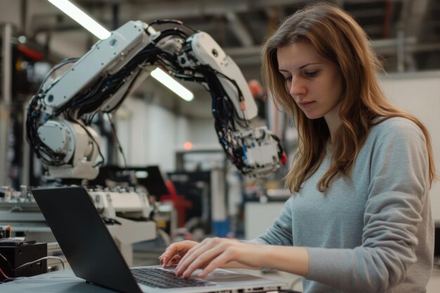 Ingenieur programmiert einen Roboterarm mit einem Laptop in einer Hightech-Fabrik