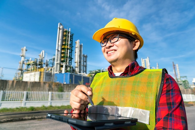 Foto ingenieur trägt sicherheitshelm uniform arbeit in der ölraffinerie petrochemische petroleumchemische kunststoff