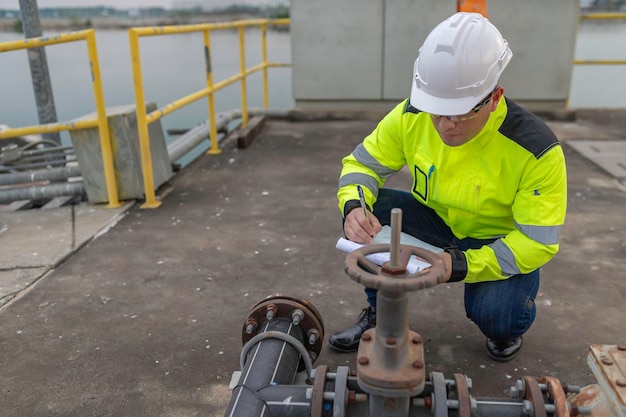 Ingenieur überprüft das Wasserventil Klempner öffnen und schließen die Hauptwasserversorgung