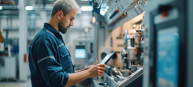 Foto ingenieur überprüft maschinen mit einem digitalen tablet