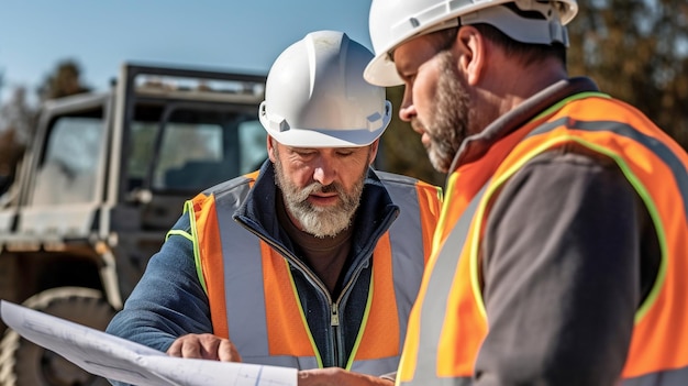 Ingenieur und Arbeiter betrachten Pläne und Blaupausen zur Lösung von Problemen auf der Baustelle. Generative KI