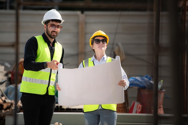 Ingenieur und Architekt arbeiten auf der Baustelle und überprüfen Pläne und Prozesse