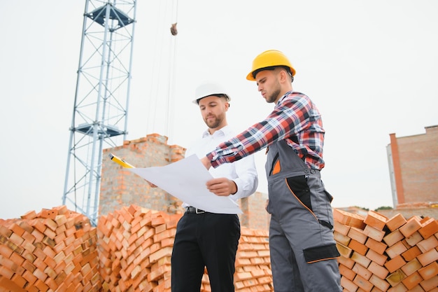 Ingenieur und Baumeister mit Schutzhelmen diskutieren Bauplan auf der Baustelle