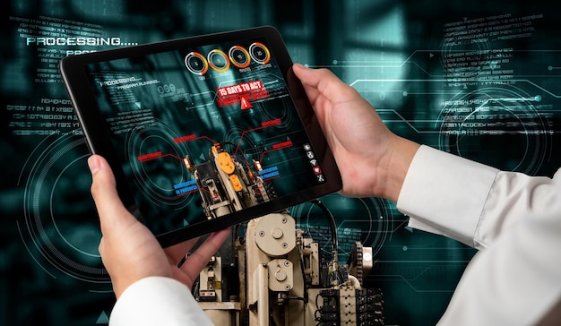 Ingenieur verwendet Augmented-Reality-Software in der Produktionslinie einer intelligenten Fabrik