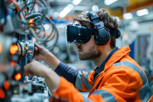 Ingenieur verwendet ein VR-Headset, um mit einem industriellen Automatisierungssystem zu interagieren